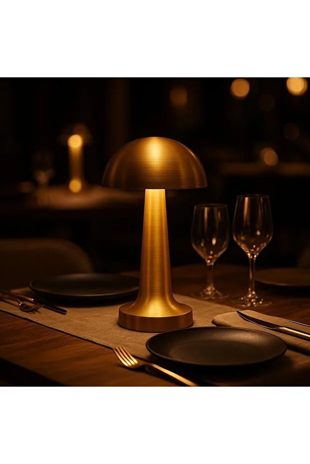 Mantar Masa Lambası Gold Renk Kablosuz Ledli 3renk Dokunmatik Şarjlı